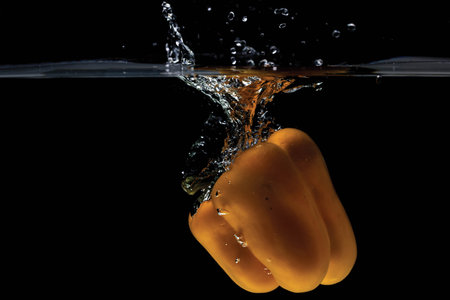 Close up view of colorful yellow pepper falling in water on black background. Gorgeous backgrounds.の写真素材