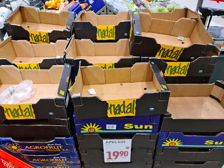 Almost empty shelves in store because of panic around coronavirus pandemia, Sweden. Europe 14/03/2020.のeditorial素材