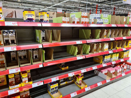 Almost empty shelves in store because of panic around coronavirus pandemia, Sweden. Europe 14/03/2020.のeditorial素材