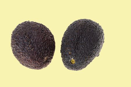 Close up view of two fresh ripe avocados isolated on yellow background. Healthy food concept.の写真素材