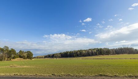 Beautiful spring day and the view from the car. Gorgeous landscape with fields, forest trees and blue sky with white clouds. Swedenの写真素材