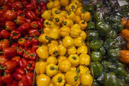 Close up macro view of green red yellow paprika. Healthy food concept. Beautiful nature vegetables...
