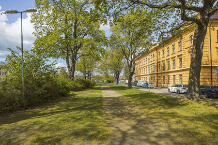 View of street of Uppsala, Sweden, Europe. Buildings on blue sky background. 14/05/2020. Uppsala. Swedenのeditorial素材