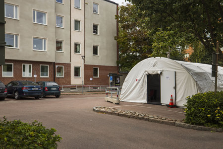 Landscape view of temporary outdoor medical center for taking COVID19 test. 08.20.2020. Uppsala....
