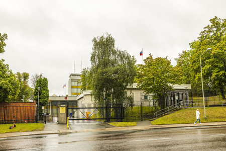 Landscape view of building of Russian Embassy in Stockholm on rainy autumn day. 08/09/2020....