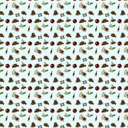 Beautiful christmas and new year pattern in form of christmas decorations, wall clock and bottle of champagne with crystal wine glasses.の写真素材