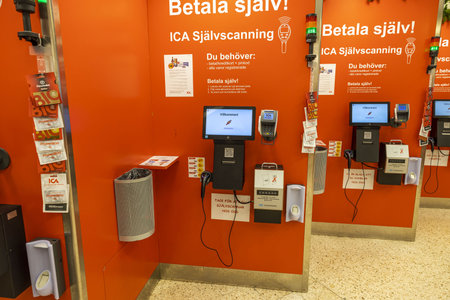 Close up view of scanning stations of big trading chain ICA. Europe. Sweden. Uppsala. 12.07.2020.