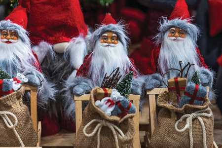 Close up view of gorgeous santa claus figures for decoration. Christmas holidays concept.の写真素材