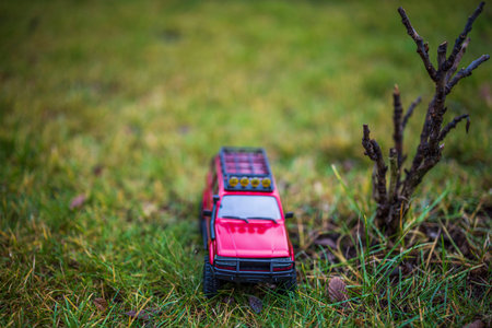 Beautiful view of model car on lawn. Free time Children and adults concept.