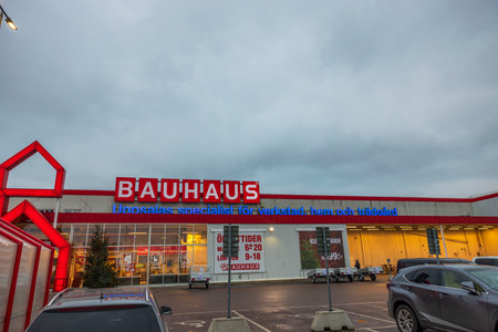 Close up view of entrance in store Bauhaus. Business concept. Uppsala. Sweden. 12.29.2020.のeditorial素材