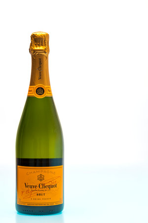 Close up view of bottle of authentic french brut champagne Veuve Cliqcuot. alcohol concept. Uppsala. Sweden. 01.06.2021.のeditorial素材