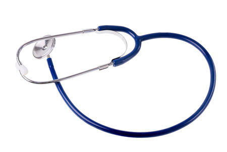 Close up view of medical professional stethoscope isolated on white background.の写真素材
