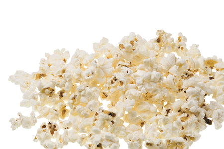 Close up view of popcorn isolated on white backgroundÑ Unhealthy food concept.の写真素材