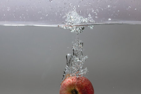 Close up view of colorful apple falling in water on gray background. Gorgeous backgrounds.