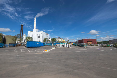 Beautiful overview of waste recycling station. Europe. Sweden. Enkoping. 05.28.2021