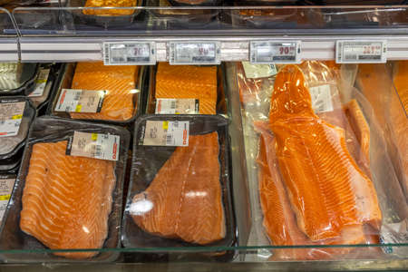 Close up view of vacuum packed raw salmon fish. Uppsala. Sweden. 06.20.2021.のeditorial素材