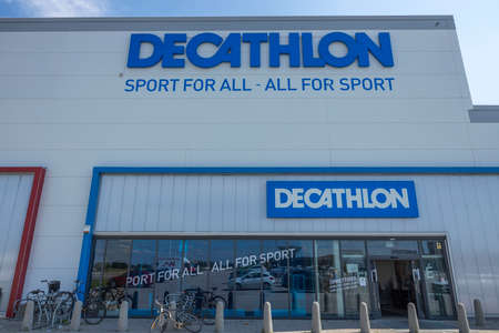 Close up view of main logo of sport market Decathlon on facade of building. Uppsala. Sweden. 09.12.2021.のeditorial素材