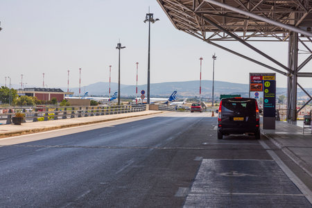 Beautiful landscape view of parking and outside area of Thessaloniki Airport. Greece. Thessaloniki....