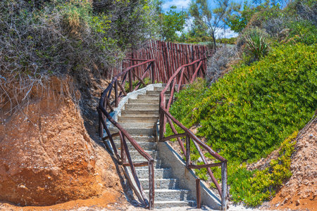 Beautiful nature landscape view of old outdoor stairs path through green plants. Greece.の写真素材