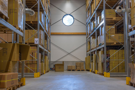 Beautiful view of storage warehouse. Warehouse store concept. Sweden.