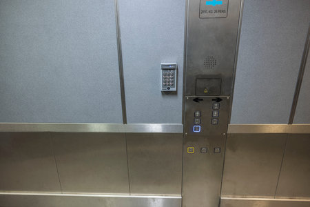Close up view of control panel of elevator cabin. Sweden.