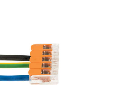 Close up view of connected electrical cables for electrical wiring to quick connector. Sweden.の写真素材