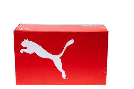Beautiful view of box of Puma shoes isolated on white background. Sweden. uppsala. 05.05.2022.