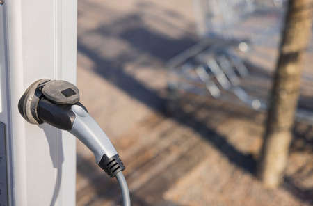 Close up view of charging station for electric car. Sweden.の写真素材