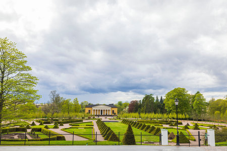 Fabulous view of green park area of Botanical garden of Uppsala, Sweden.の写真素材