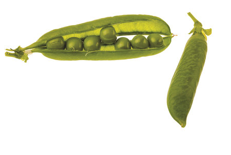 Close up view of pods green peas isolated on white background.