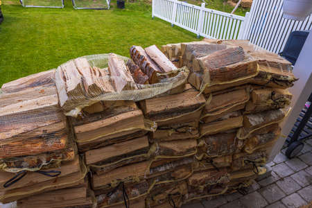 Close up view of birch firewood in transport nets on backyard on green grass lawn background.の写真素材
