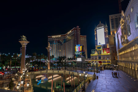 Beautiful night view of the territory of the hotel Venetian in Las Vegas. Nevada, USA. 09.17.2022.のeditorial素材