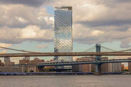 Beautiful view of Hudson river, Manhattan skyscrapers and Brooklyn bridge. USA. new york.
