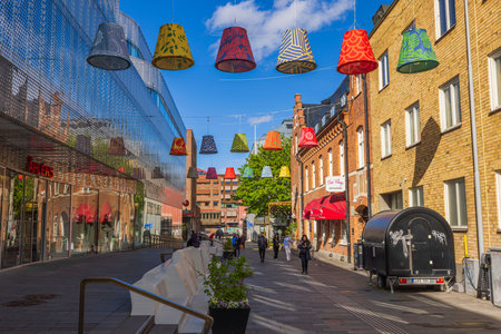 View of beautiful decorated street in the center of Uppsala on a sunny spring day. Sweden. uppsala....