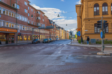 Beautiful view of downtown Uppsala cityscape on rainy spring day. Sweden. Europe. uppsala. 05.14.2022.のeditorial素材