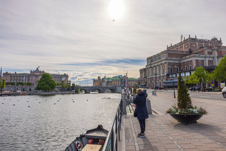 Beautiful cityscape view of downtown Stockholm on bright spring day. Sweden. Europe. 05.18.2022.のeditorial素材