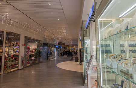 Decorated interior view of hall in large trading center. Europe. Sweden. Uppsala.12.14.2022.のeditorial素材