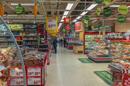 Interior view of ICA supermarket. Europe. Sweden. uppsala. 12.14.2022.のeditorial素材