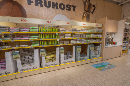 Close up view of department with shelves of chicken eggs in supermarket. Sweden. uppsala. 12.14.2022.のeditorial素材