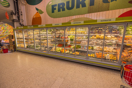 Close up view of refrigerators in supermarket with vegetables. Sweden. uppsala. 12.14.2022.のeditorial素材