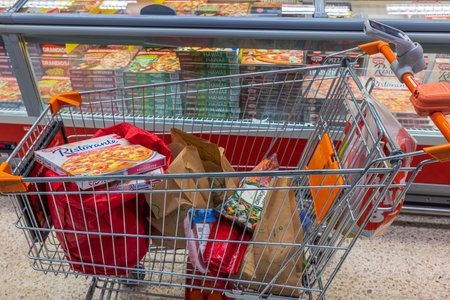 Close up view of cart with the concept of buying groceries in mall. Sweden. uppsala. 12.14.2022.のeditorial素材