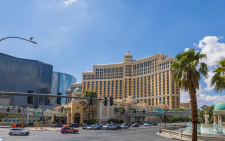 Beautiful view of Bellagio hotel buildings on blue sky background. Las Vegas, Nevada, USA. 09.15.2022.のeditorial素材