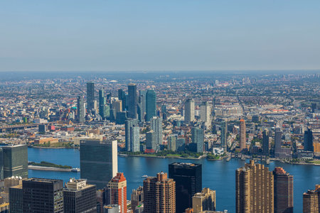 Beautiful aerial view of skyscrapers against backdrop of landscape of Hudson River and Manhattan. New York, USA. 09.21.2022.のeditorial素材