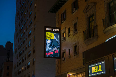 Close-up view of LED screen with Funny girl poster on August Wilson theater. Broadway shows concept. new york. USA. 09.22.2022.のeditorial素材