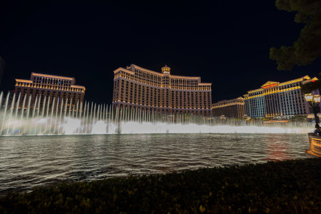 Beautiful view of water show fountains of Bellagio hotel on night. Las Vegas, Nevada, USA. 09.15.2022.のeditorial素材