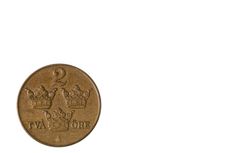 Close up view of 1950 Sweden two penny coin. Numismatic concept. Sweden.の写真素材