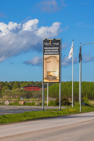 View of outdoor poster of Mariebers on blue sky background. modern fireplace concept. Sweden. uppsala. 09.14.2022.のeditorial素材