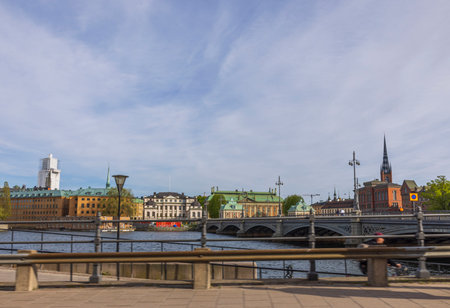 Beautiful view of historical center of Stockholm with bridges across river on summer day.の写真素材