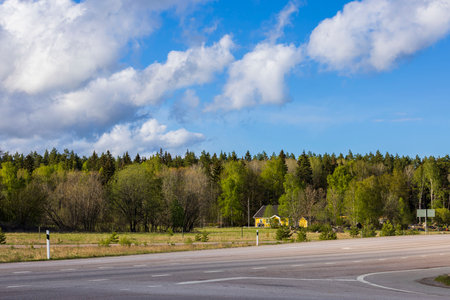 View of landscape of nature with villas on edge of forest along highway against blue sky with white clouds. Sweden.の写真素材