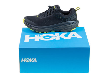 Close-up view of Hoka sneakers in cardboard box isolated on white background. Sweden. uppsala. 05/02/2023.のeditorial素材